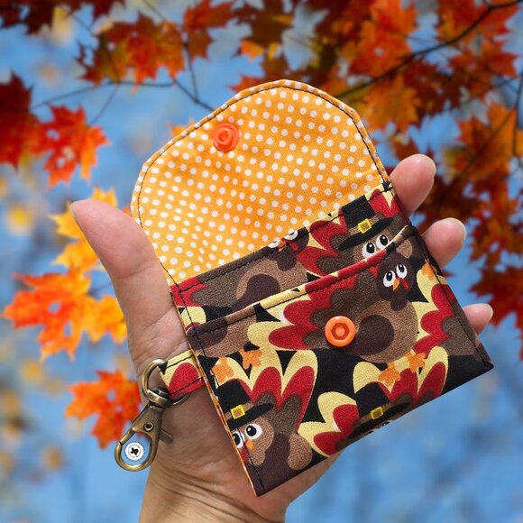 Handmade Thanksgiving Turkey Card Wallet with Keyring | Mini Wallet Bag Charm - Picture 2 of 4